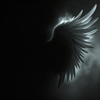 The primary subject of the image is a bird with wings spread, flying through the air. The bird is the main focus of the image, and it appears to be a digital art or illustration. The setting is a dark background, which adds to the overall mood of the image. The bird's wings are spread wide, creating a sense of motion and freedom.